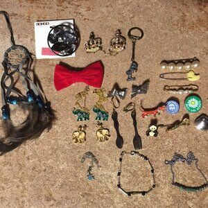 LOT OF JEWELRY PINS EARRINGS BONGO RING ELEPHANT DOG PANDA BEAR GIRL SCOUTS JADE